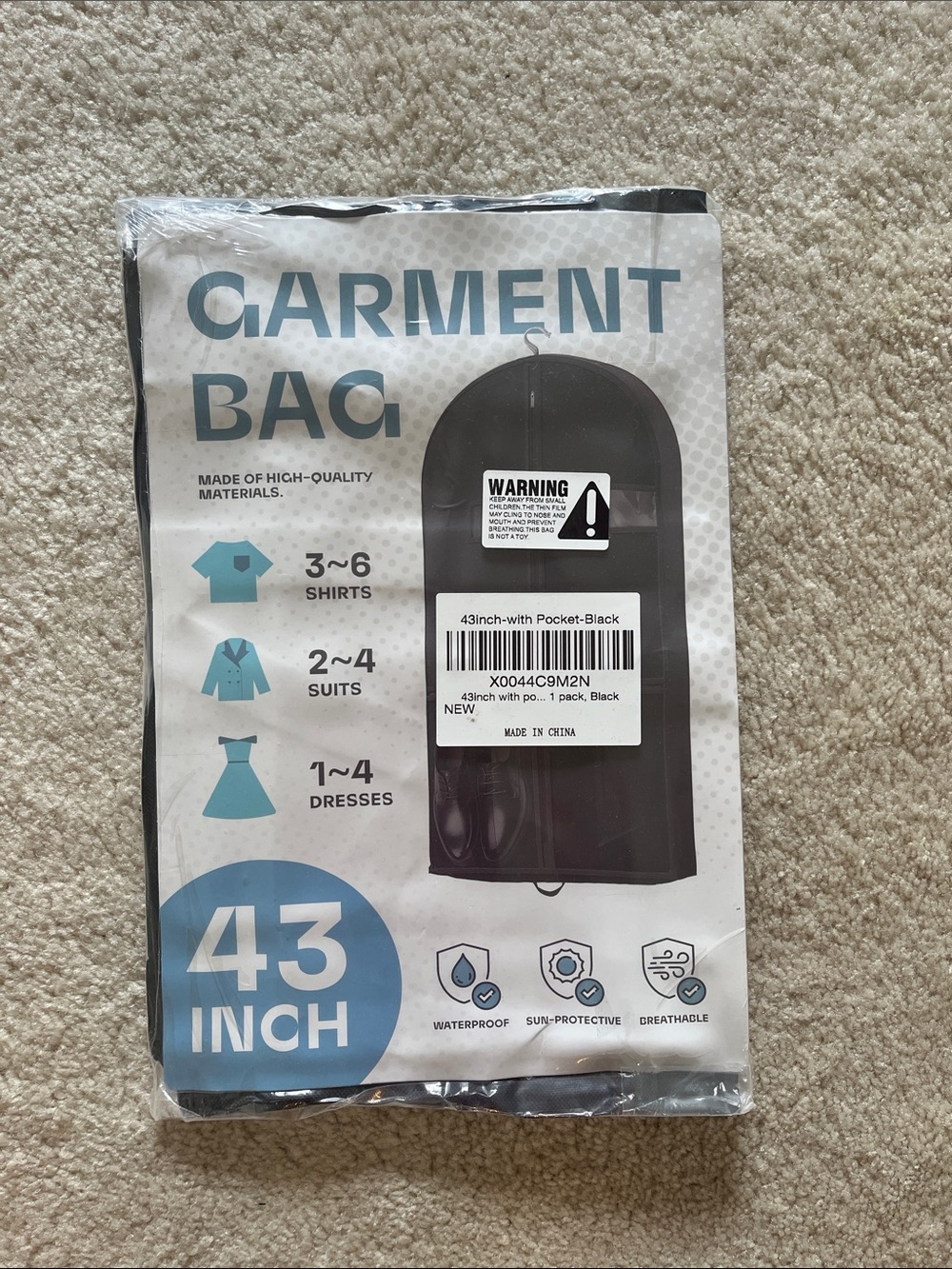 43-Inch Black Garment Bag with Pocket - Travel Clothing Protector